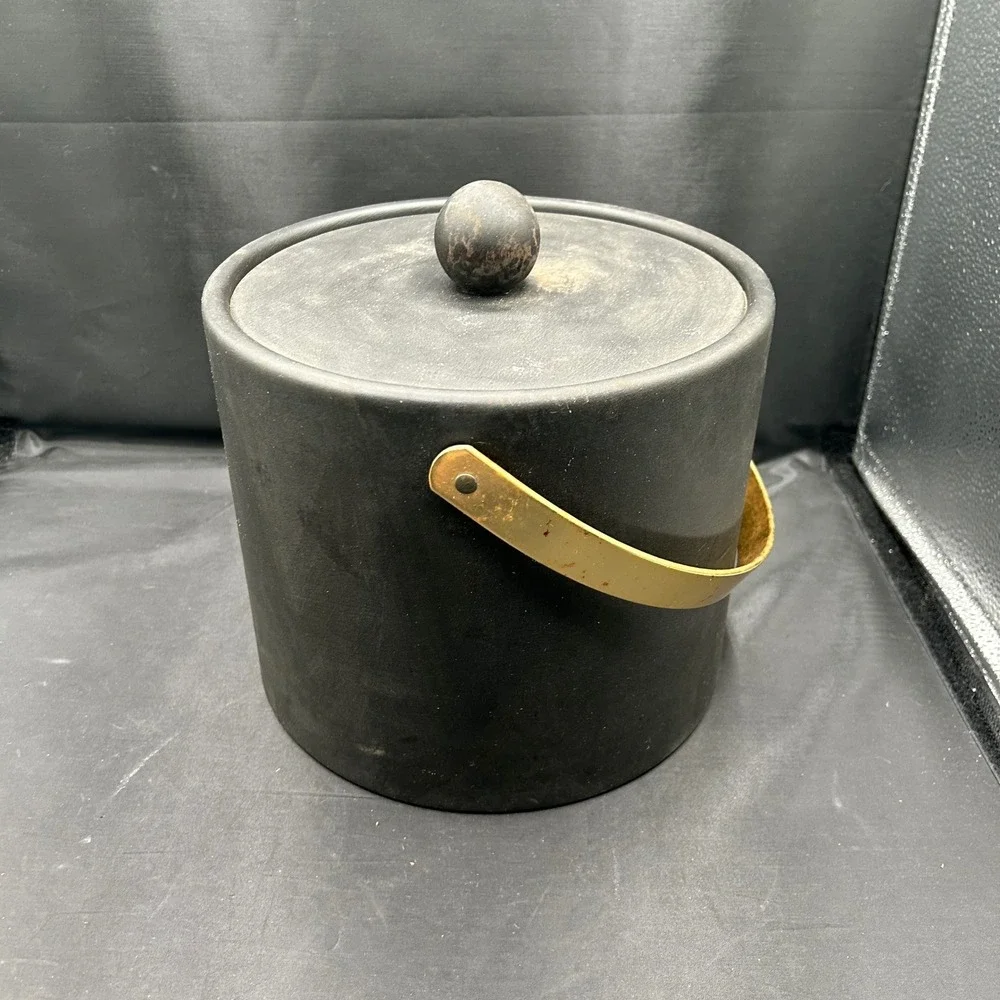 Vintage MCM Black Ice Bucket Brass Handle Gold Coin Emblem Mid Century Modern
